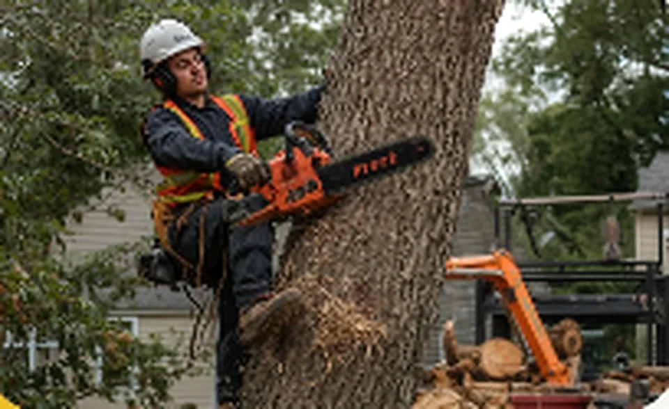 Professional tree service worker cutting a mature tree