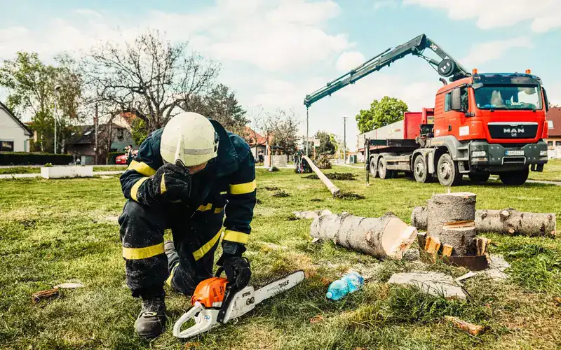 Crew member with a chainsaw beside cut logs and a crane truck on a lawn